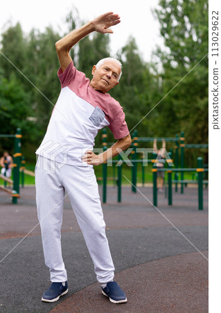 Portrait of senior man doing workout before training in park Portrait of senior man doing workout before training in park 113029622