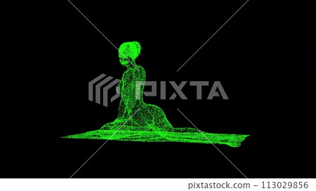 3D Girl on the beach on black background. Sports Fitness calmness concept. Healthy lifestyle. Business advertising backdrop. For title, text, presentation. 3d animation 113029856