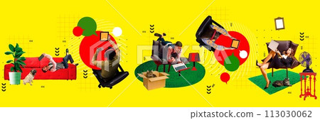 Men and women, employees working on laptop in different poses, in office and at home on bright yellow background. Contemporary art collage 113030062