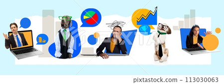 Contemporary creative art collage. Dog in business suit. employees sticking out laptop and working, Online meeting with partners and colleagues. 113030063