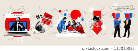 Group of employees working on projects, growing personal and professional skills. Company success. Contemporary art collage Group of employees working on projects, growing personal and professional skills. Company success. Contemporary art collage 113030085