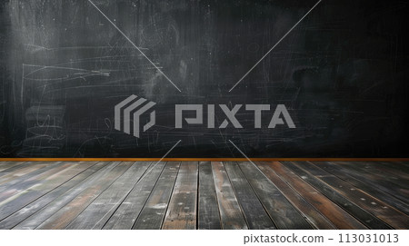 AI-generated content. Mock up. Empty room with black board background, with black, grey, white chalk marks. 113031013