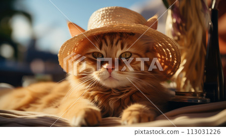 A relaxed tabby cat under a straw hat enjoys a leisurely tropical day. AI generation 113031226
