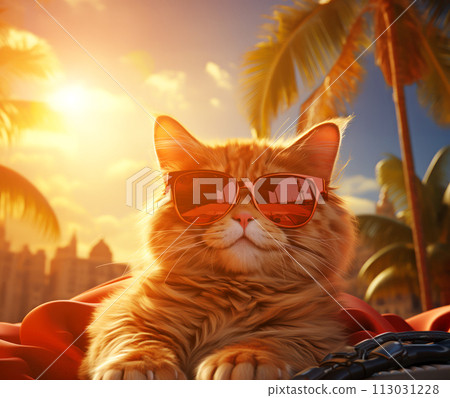 A ginger cat enjoys the golden hour in chic sunglasses, palm trees in view. AI generation 113031228