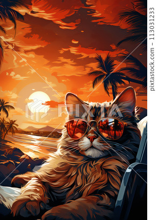 Cat with sunglasses admires the fiery tropical sunset. AI generation 113031233