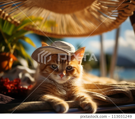 A relaxed tabby cat with a stylish sunhat lounges under a straw parasol. AI generation 113031249