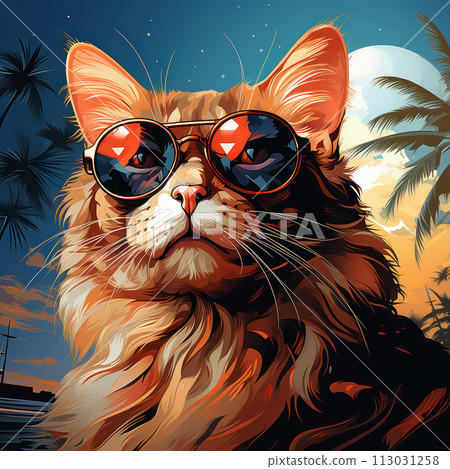 An orange cat dons reflective sunglasses against a tropical sunset backdrop. AI generation 113031258