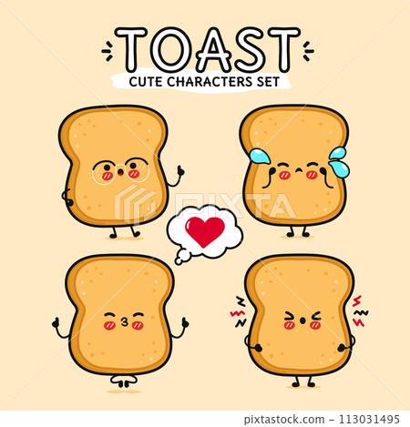Funny cute happy Toast characters bundle set. Vector hand drawn doodle style cartoon character illustration. Isolated on brown background. Toast mascot character collection Funny cute happy Toast characters bundle set. Vector hand drawn doodle style cartoon character illustration. Isolated on brown background. Toast mascot character collection 113031495