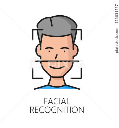 Facial recognition, biometric identification or verification icon. Isolated vector color sign, symbolizing advanced technology that analyzes and identifies individuals based on unique facial features 113031537