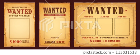 Western wanted banners with reward. Dead or alive vintage poster vector templates. Wild West cowboy or Texas criminal wanted signs with blank photo frames and bounty on old paper texture background 113031538