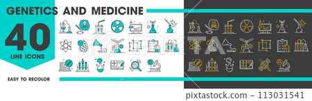 Genetics and science icons, physics and medicine, chemistry and biology, line vector. Genetics laboratory tests and chemical vials, DNA and atom, molecular lab and genetic science research line icons 113031541