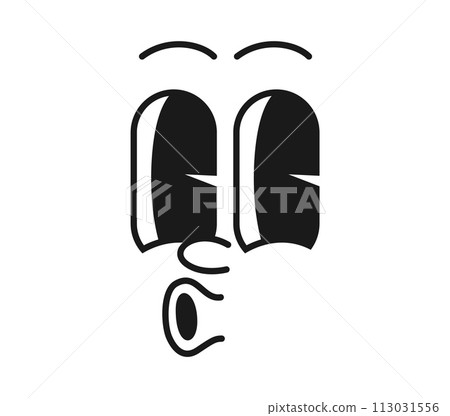 Cartoon comic groovy whistle face emotion with funny eyes. Isolated vector cute retro lighthearted emoji character radiates joy, lively, carefree, expressive spirit. Playful personage with pucker lips Cartoon comic groovy whistle face emotion with funny eyes. Isolated vector cute retro lighthearted emoji character radiates joy, lively, carefree, expressive spirit. Playful personage with pucker lips 113031556