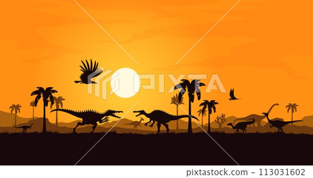 Spinosaurus battle, dinosaur characters silhouettes on sunset. Vector prehistoric majestic dino personages with distinctive sailbacks clash at background with fading sky, orange sun and palm trees 113031602