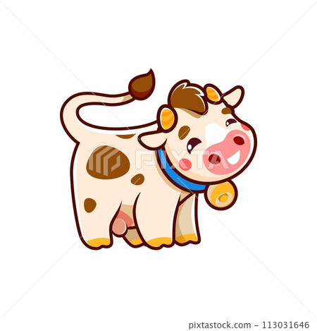 Cartoon cow character with bell, cute farm animal for kids, isolated vector. Happy funny cow with udder and cowbell for dairy beverage product or baby food and kids print 113031646