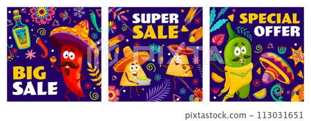 Holiday big and super sale, special offer banners with mexican characters, mariachi peppers and nachos. Vector promo cards to celebrate fiesta savings, incredible deals and festive shopping experience 113031651