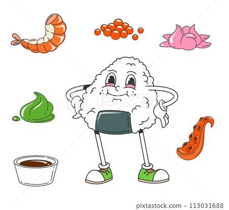 Cartoon Japanese groovy onigiri sushi character. Isolated vector vintage hippie triangular rice ball sushi personage with a seaweed piece. Asian restaurant meal, exudes funky vibe, with a wide smile Cartoon Japanese groovy onigiri sushi character. Isolated vector vintage hippie triangular rice ball sushi personage with a seaweed piece. Asian restaurant meal, exudes funky vibe, with a wide smile 113031688