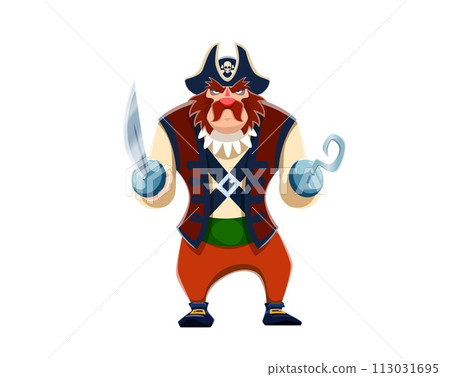 Cartoon pirate sailor character with hook. Isolated vector sea captain corsair, swashbuckling personage with rugged beard and red nose, holding saber, ready for high-seas adventures and treasure hunts 113031695