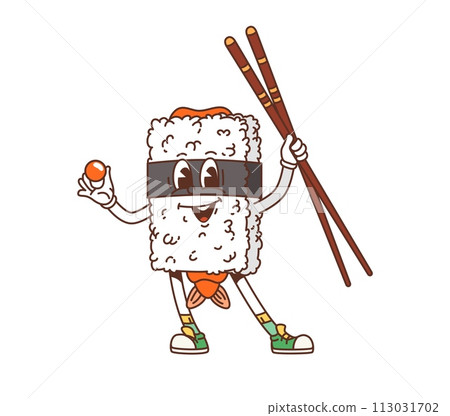 Cartoon japanese sushi groovy character. Isolated vector cheerful japan food sushi personage with cute eyes, and smiling face, holds chopsticks and caviar ball, radiating hippie joy and culinary charm 113031702