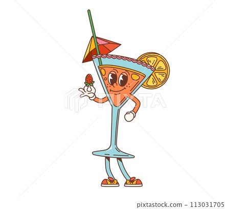Retro cartoon groovy party cocktail character. Isolated vector glass with alcohol drink, holding strawberry and adorned with lemon slice, umbrella and straw. Bar beverage personage celebrate party 113031705