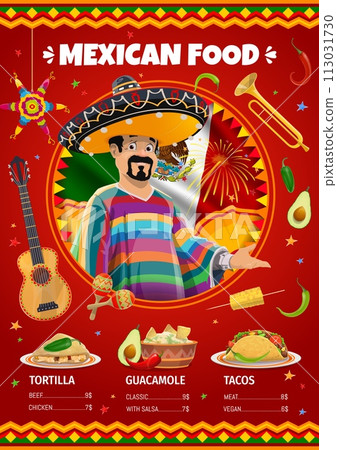Mexican cuisine menu vector template. Savor the vibrant flavors of mexico with diverse dishes, tantalizing tacos, zesty guacamole and hearty enchiladas or tortillas, showcasing rich authentic culinary 113031730