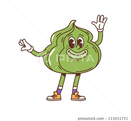 Cartoon japanese wasabi sauce groovy character. Isolated vector vibrant green swirl, japan spicy condiment for asian food, lively wasabi personage exudes zesty charm with its comic hippie appearance 113031731