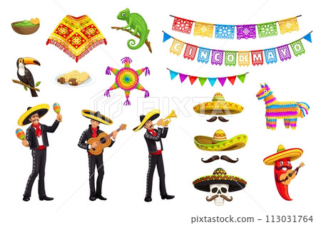 Mexican Cinco de Mayo holiday characters. Mariachi musicians, pinata and sombreros, food and pennant, vector Mexico party. Cartoon mexican men and pepper with guitar and maracas, skull with moustache 113031764