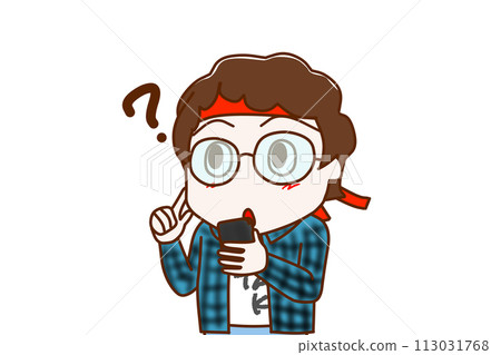 (上半身對角線)一個戴眼鏡的書呆子拿著智慧型手機,一頭霧水,試著回憶。 (上半身對角線)一個戴眼鏡的書呆子拿著智慧型手機,一頭霧水,試著回憶。 113031768