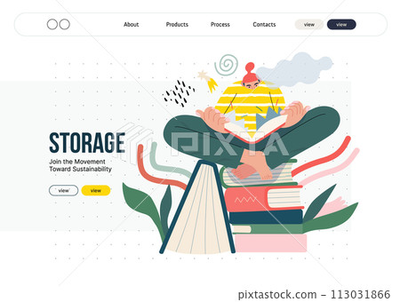 Life Unframed: Book universe -modern flat vector concept illustration of a reader on stack of books. Metaphor of unpredictability, imagination, whimsy, cycle of existence, play, growth and discovery 113031866