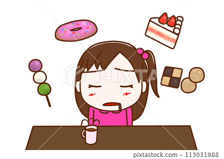 （上半身正面）想吃甜食，一邊想像甜食一邊流口水的女孩。 113031988
