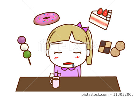 （上半身正面）想吃甜食的白人女孩一邊想像甜食一邊流口水。 113032003