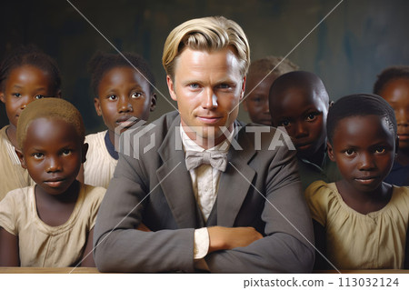 African children and white blond man teacher 113032124