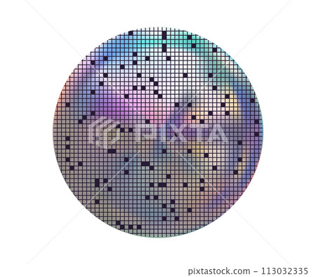 Polycrystalline silicon wafer with microchips and empty cells isolated on a white background Polycrystalline silicon wafer with microchips and empty cells isolated on a white background 113032335