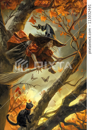 Witch Stuck Tree, Laughing, Broomstick Mishap 113032491