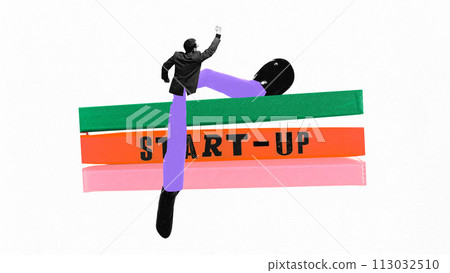 Poster. Contemporary art collage. Young man, employer with long leg going up, leaping through inscription start-up. 113032510