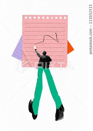 Poster. Contemporary art collage. Young business man with long legs taking notes standing near huge pink paper. 113032515