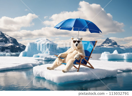 Polar bear wearing sunglasses is relax on chaise longue and basking in sun. Melting glaciers in the background. Ice melting and greenhouse effect. Concept of global warming. Ai generation Polar bear wearing sunglasses is relax on chaise longue and basking in sun. Melting glaciers in the background. Ice melting and greenhouse effect. Concept of global warming. Ai generation 113032791
