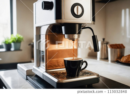 Close up of view of espresso machine making coffee with coffee beans on marble table. Kitchen in background. Generative Ai 113032848