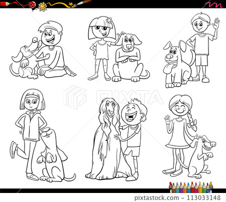cartoon children and dogs characters set coloring page 113033148