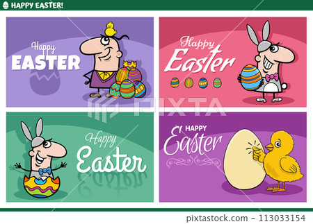 cartoon Easter greeting cards set with people and chicks cartoon Easter greeting cards set with people and chicks 113033154