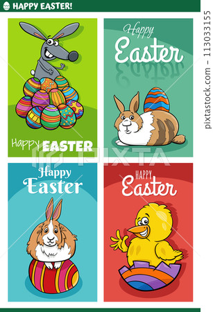 cartoon Easter greeting cards designs set with bunnies and chick 113033155