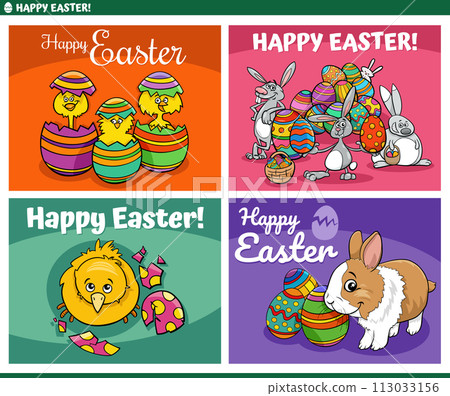cartoon Easter greeting cards set with bunnies and chicks cartoon Easter greeting cards set with bunnies and chicks 113033156