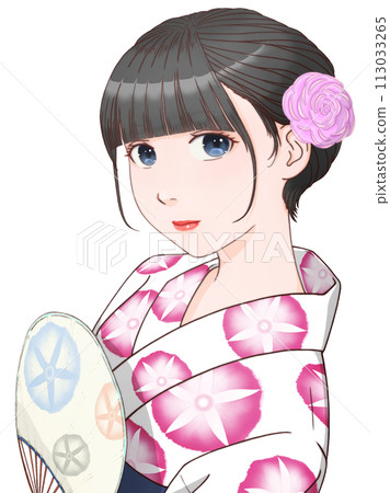 穿著白色浴衣拿著扇子的女人，牽牛花圖案=紅紫色②【cel風格插畫】 113033265