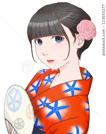 穿著紅色浴衣拿著扇子的女人,牽牛花圖案=紅&藍①【Cel風格插畫】 穿著紅色浴衣拿著扇子的女人,牽牛花圖案=紅&藍①【Cel風格插畫】 113033277