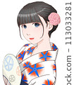 Woman in white yukata holding a fan, morning glory pattern = red & blue ① [Cel style illustration] 113033281