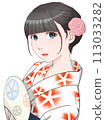 Woman in white yukata holding a fan, morning glory pattern = red ③ [cel style illustration] 113033282