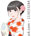 A woman in a white yukata holding a fan Morning glory pattern = red① [Cel-style illustration] 113033284