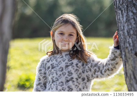 Portrait of a beautiful little girl 7 years old in the summer park 113033495