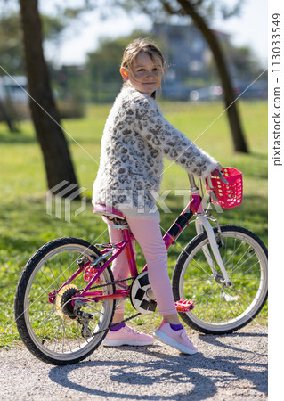 A young girl is sitting on a pink bicycle with a basket 113033549