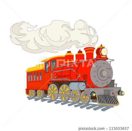 drawing of a red train on the rails with white smoke from the chimney 113033657