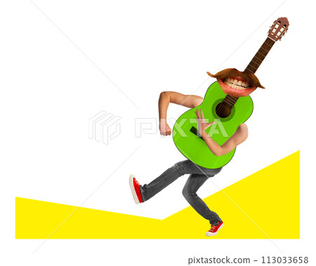 Banner. Contemporary art collage. Music instrument. Stringed instrument, acoustic guitar with lips and legs dancing and singing. 113033658